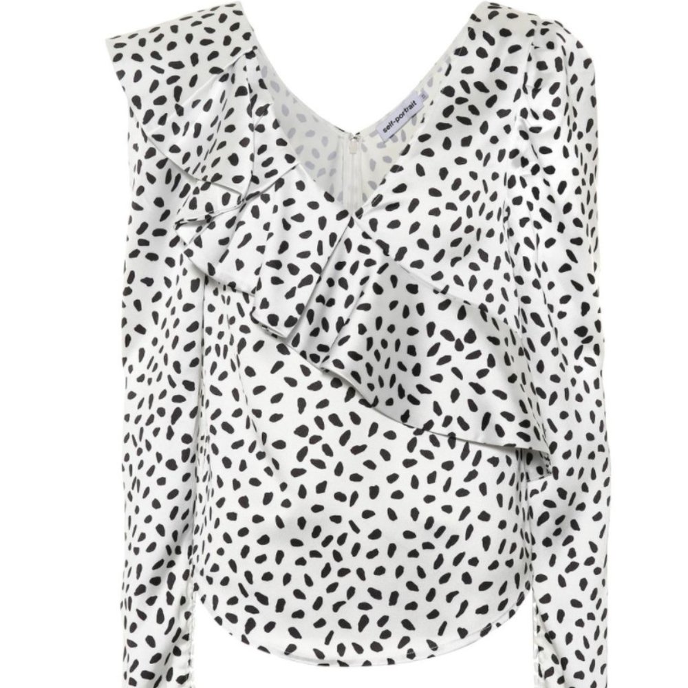 NEW Self-Portrait Black Polka-dot Ruffled Satin
